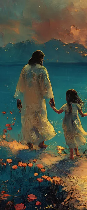 A painting of Jesus walking a flowered path at sunrise, holding a child by the hand.